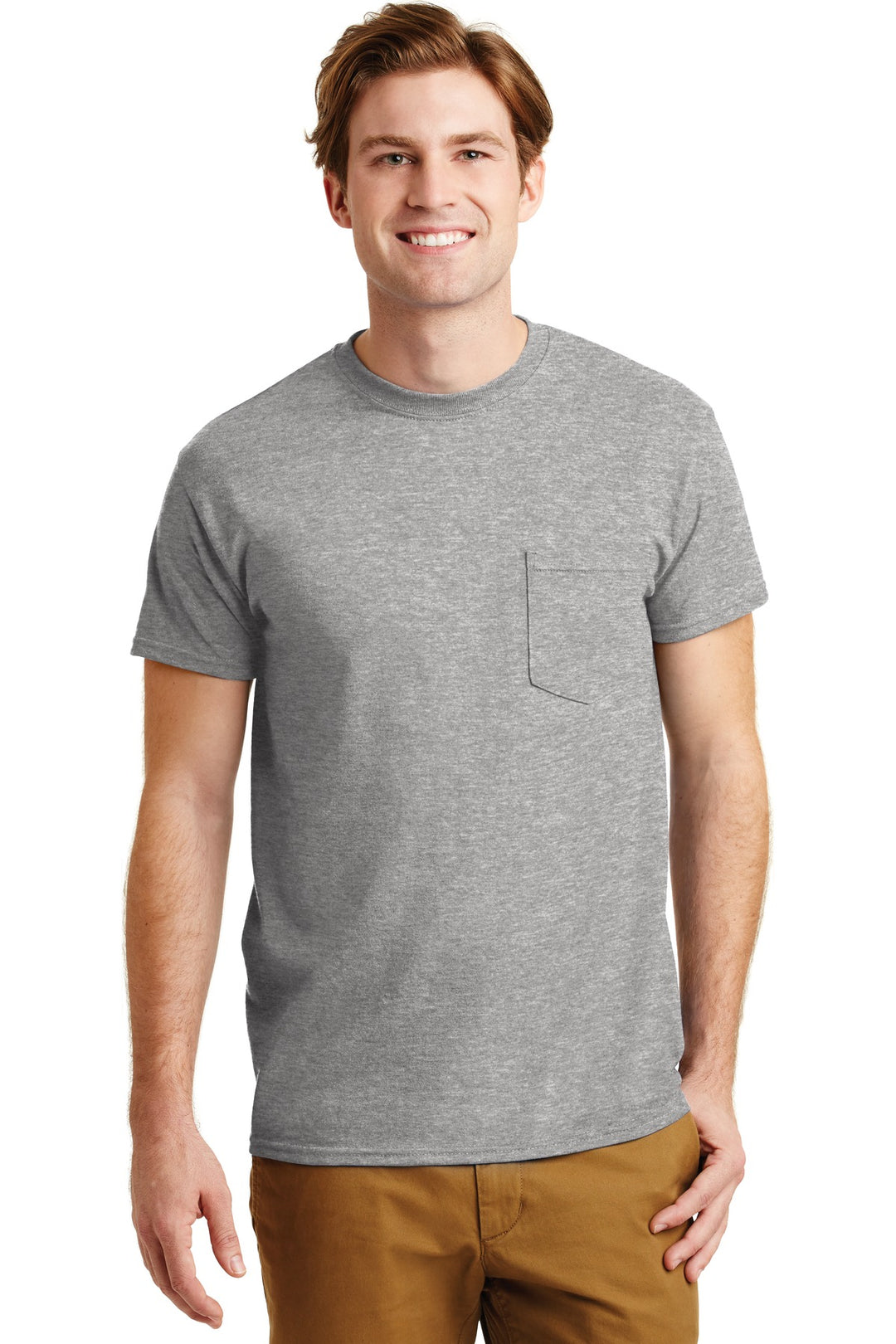 Front View of Sport Grey Gildan - DryBlend 50 Cotton/50 Poly Pocket T-Shirt. 8300