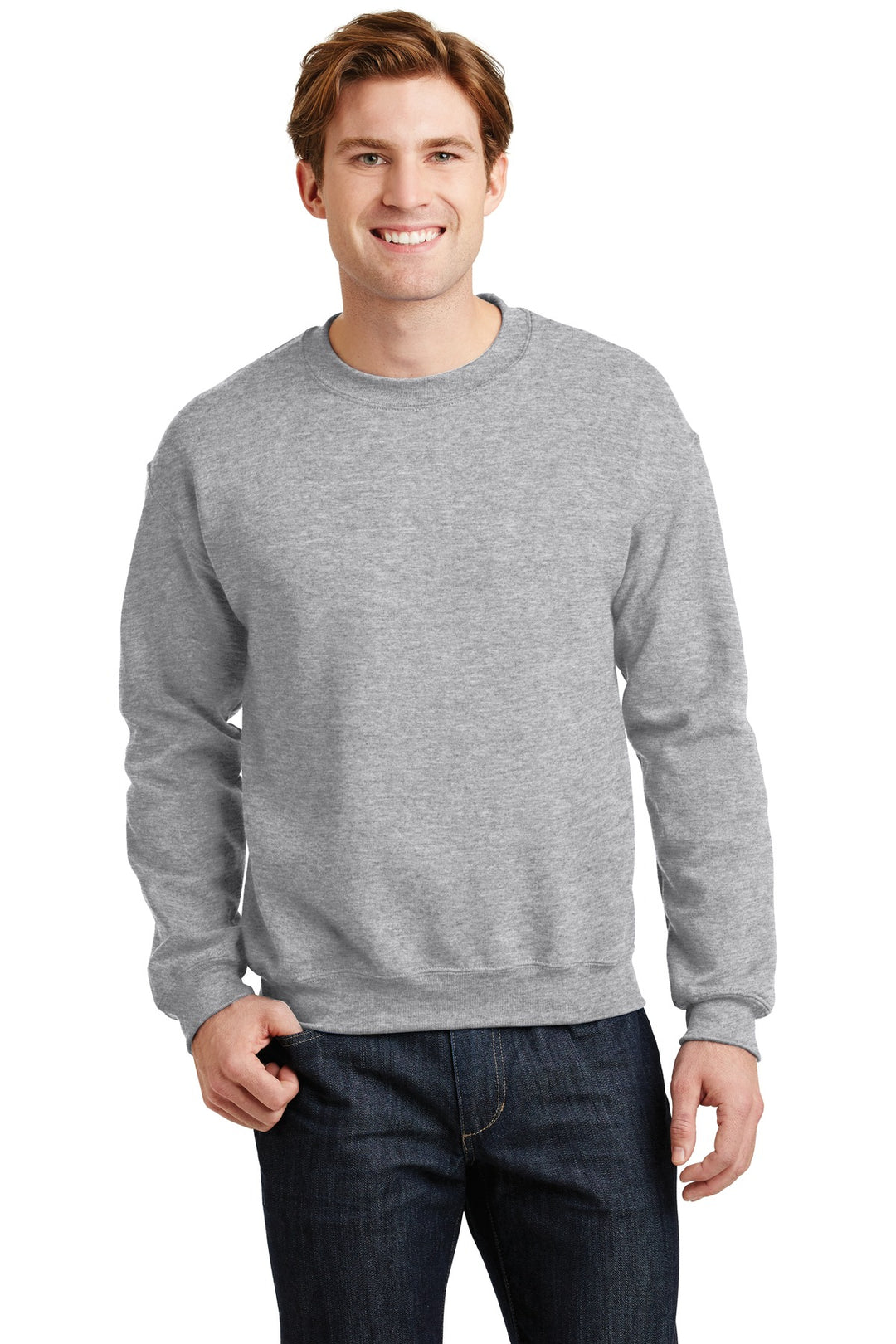 Front View of Sport Grey Gildan Heavy Blend Crewneck Sweatshirt. 18000