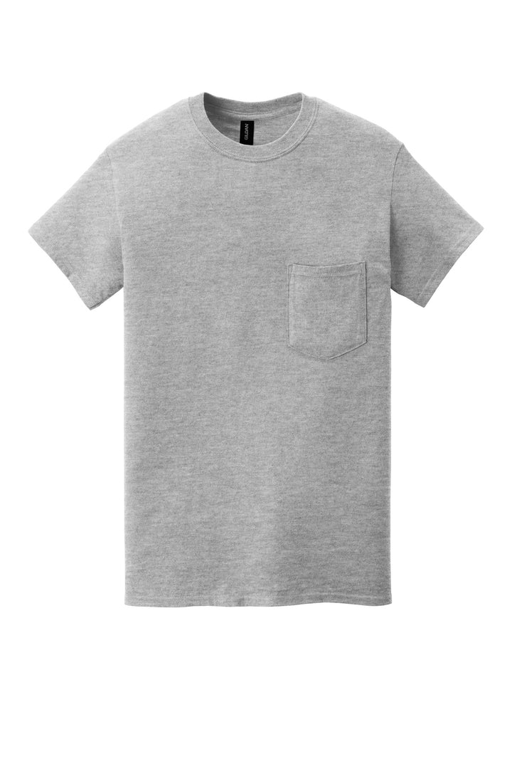 Front View of Sport Grey Gildan Heavy Cotton 100% Cotton Pocket T-Shirt. 5300