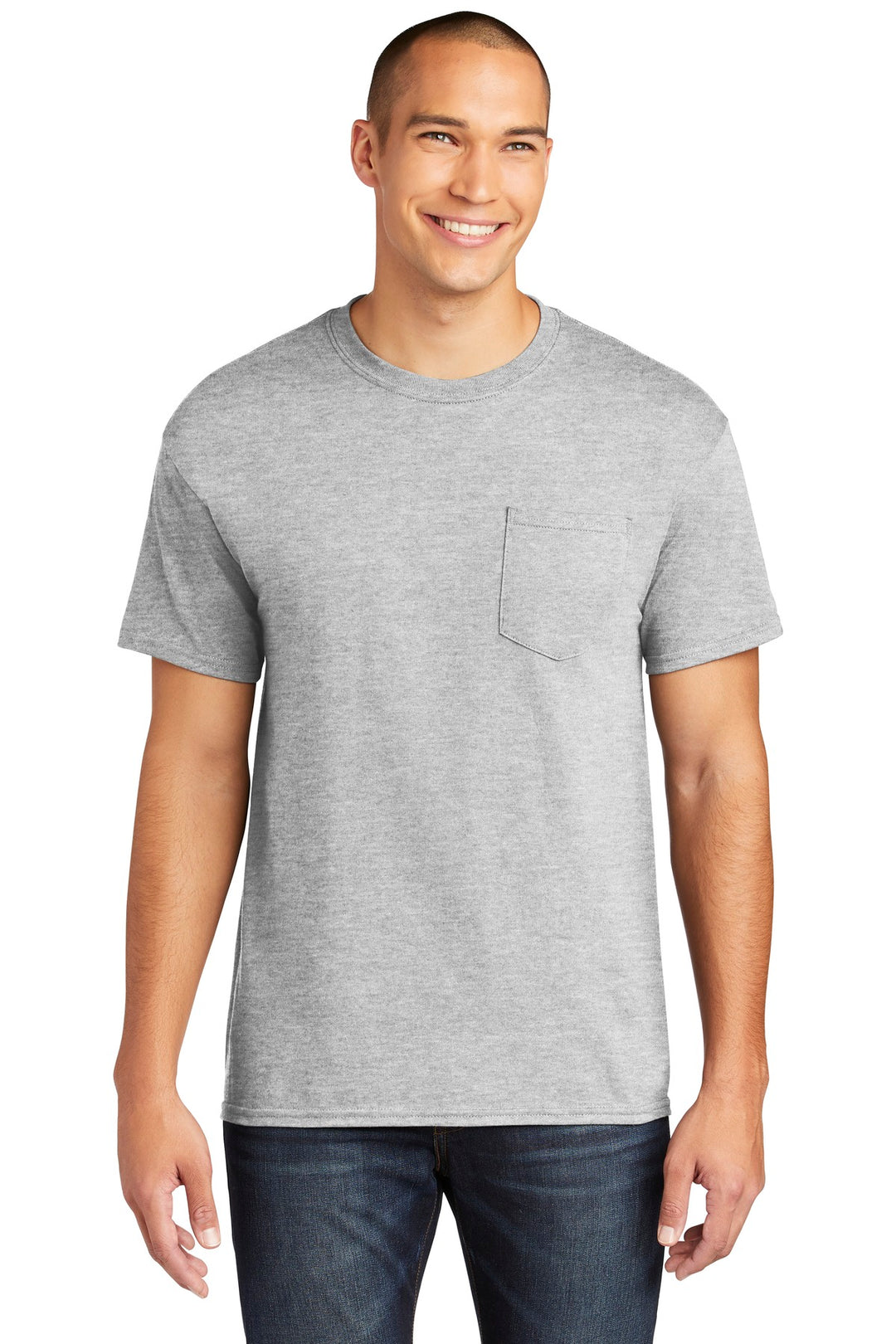 Front View of Sport Grey Gildan Heavy Cotton 100% Cotton Pocket T-Shirt. 5300
