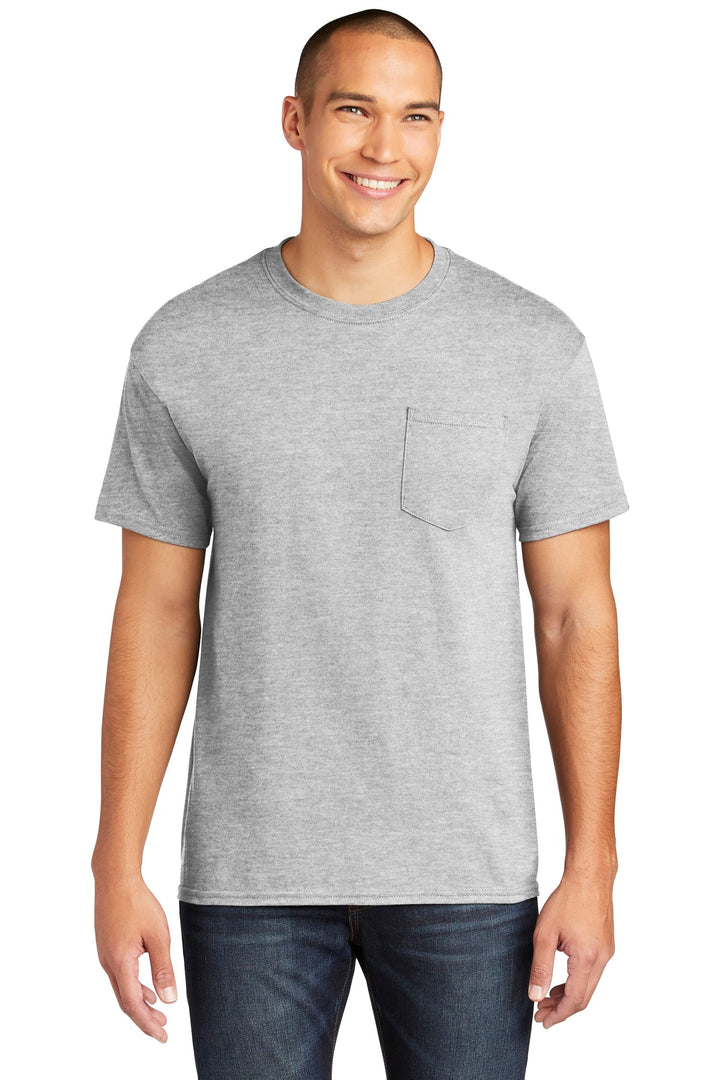 Front View of Sport Grey Gildan Heavy Cotton 100% Cotton Pocket T-Shirt. 5300