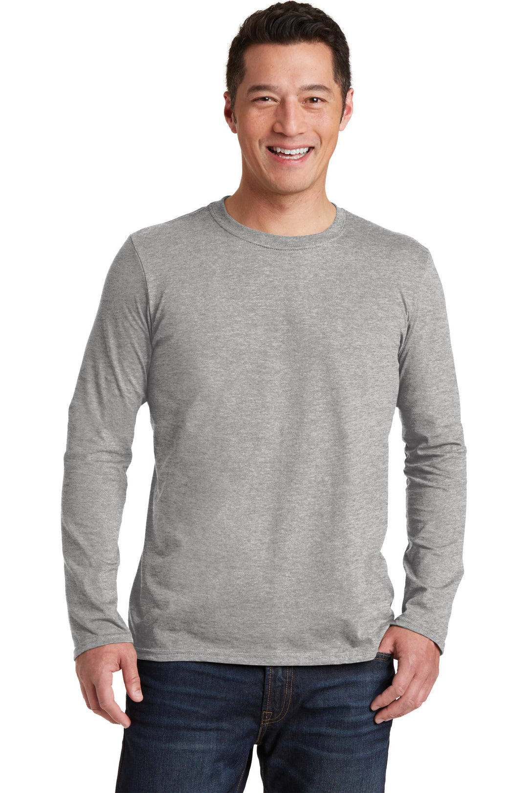 Front View of Sport Grey Gildan Softstyle Long Sleeve T-Shirt. 64400