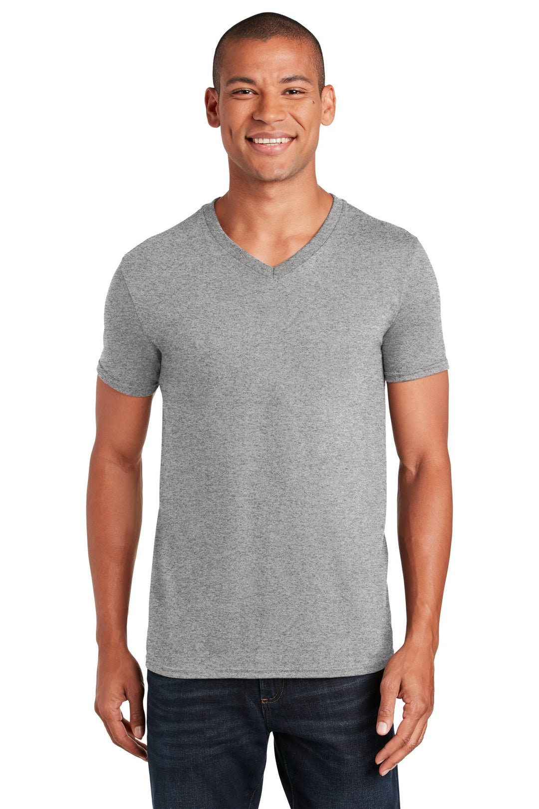 Front View of Sport Grey Gildan Softstyle V-Neck T-Shirt. 64V00