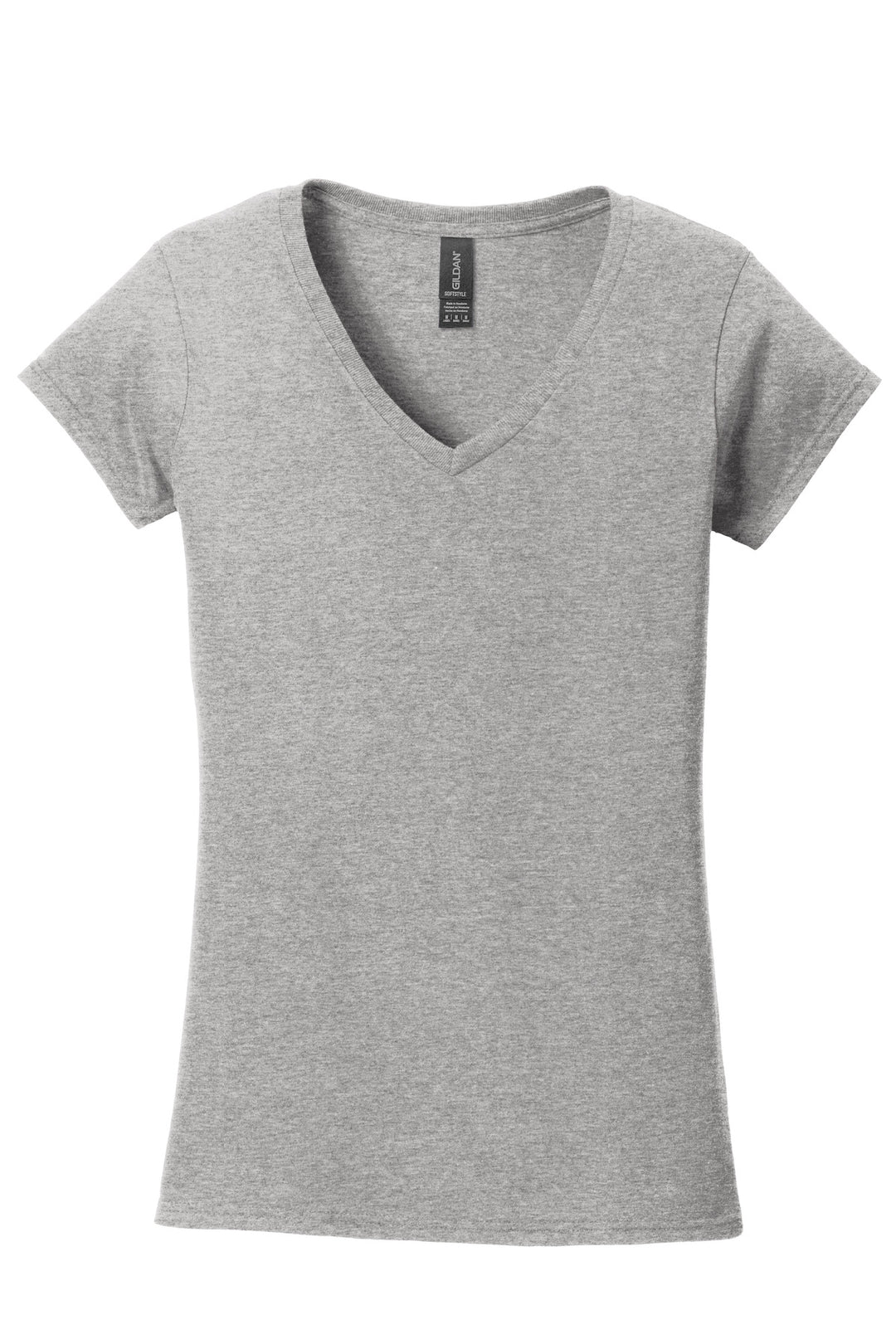 Front View of Sport Grey Gildan Softstyle Women's Fit V-Neck T-Shirt. 64V00L