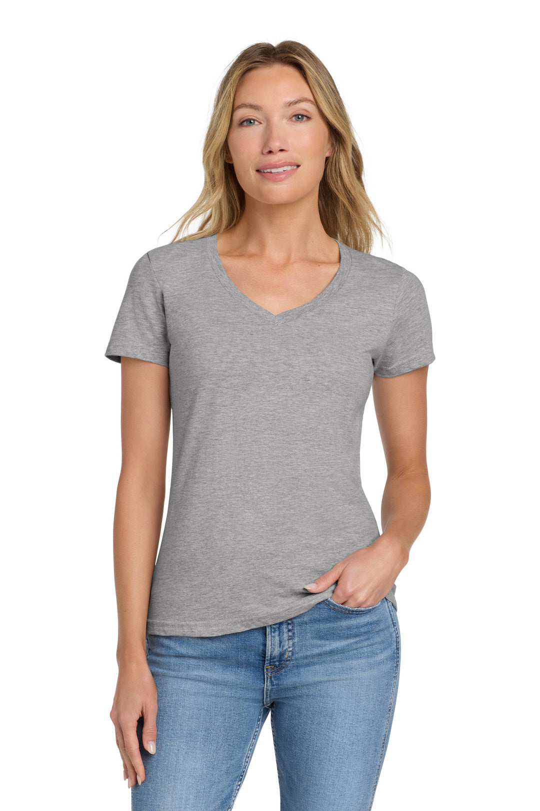 Front View of Sport Grey Gildan Softstyle Women's Fit V-Neck T-Shirt. 64V00L