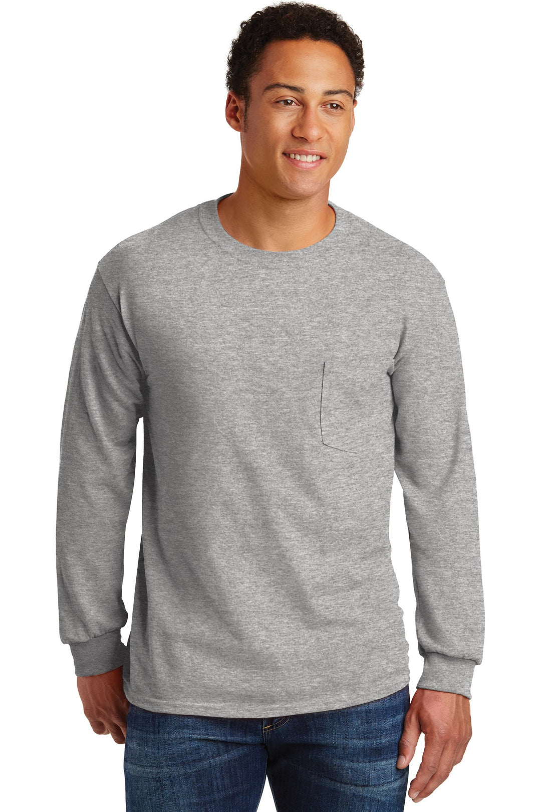 Front View of Sport Grey Gildan - Ultra Cotton 100% US Cotton Long Sleeve T-Shirt with Pocket. 2410