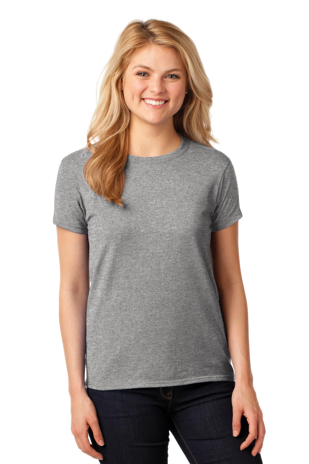 Front View of Sport Grey Gildan Women's Heavy Cotton 100% Cotton T-Shirt. 5000L