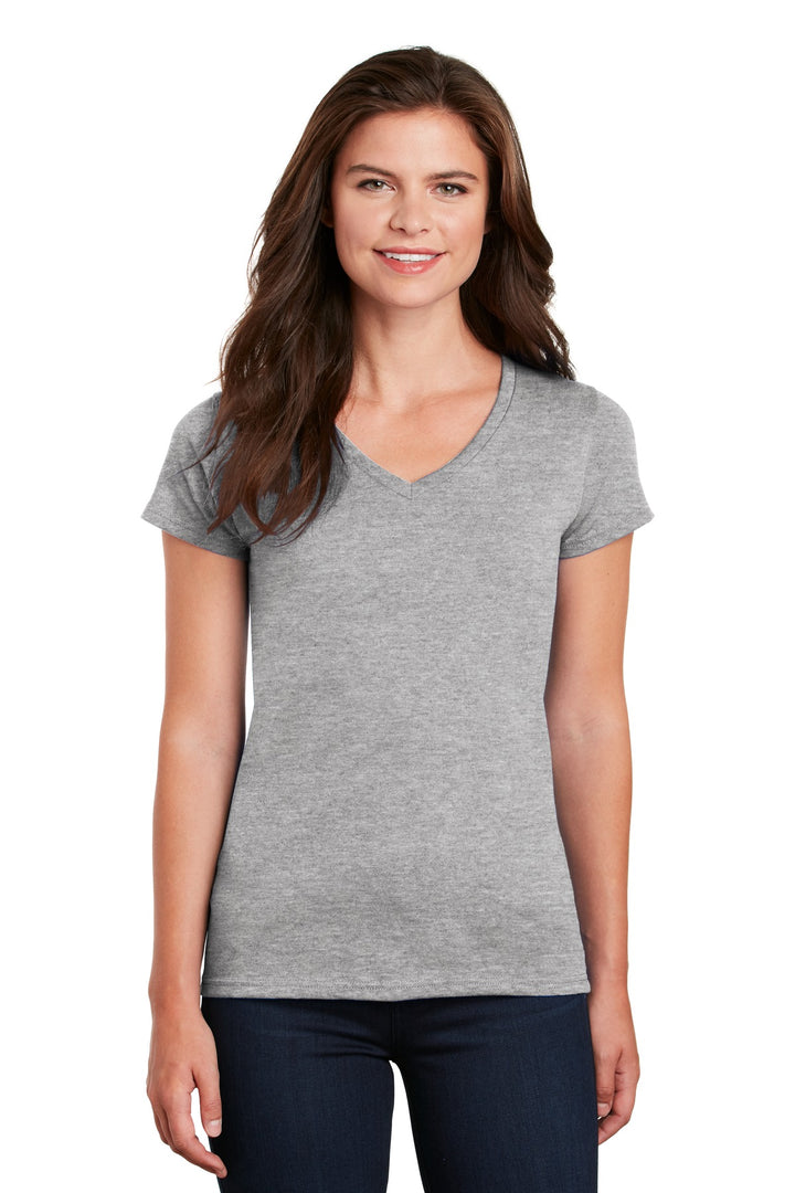 Front View of Sport Grey Gildan Women's Heavy Cotton 100% Cotton V-Neck T-Shirt. 5V00L
