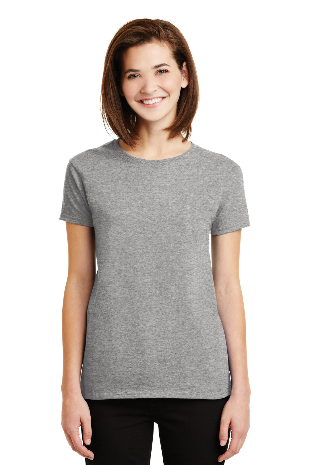 Front View of Sport Grey Gildan Women's Ultra Cotton 100% US Cotton T-Shirt. 2000L