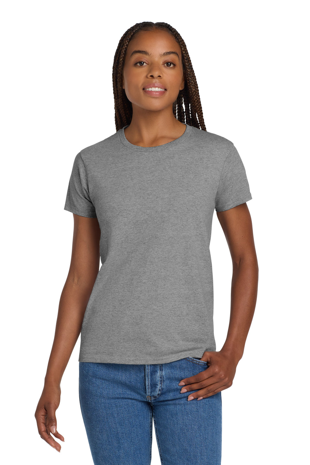 Front View of Sport Grey Gildan Women's Ultra Cotton 100% US Cotton T-Shirt. 2000L