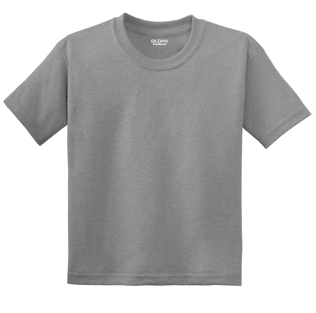Front View of Sport Grey Gildan Youth DryBlend 50 Cotton/50 Poly T-Shirt. 8000B