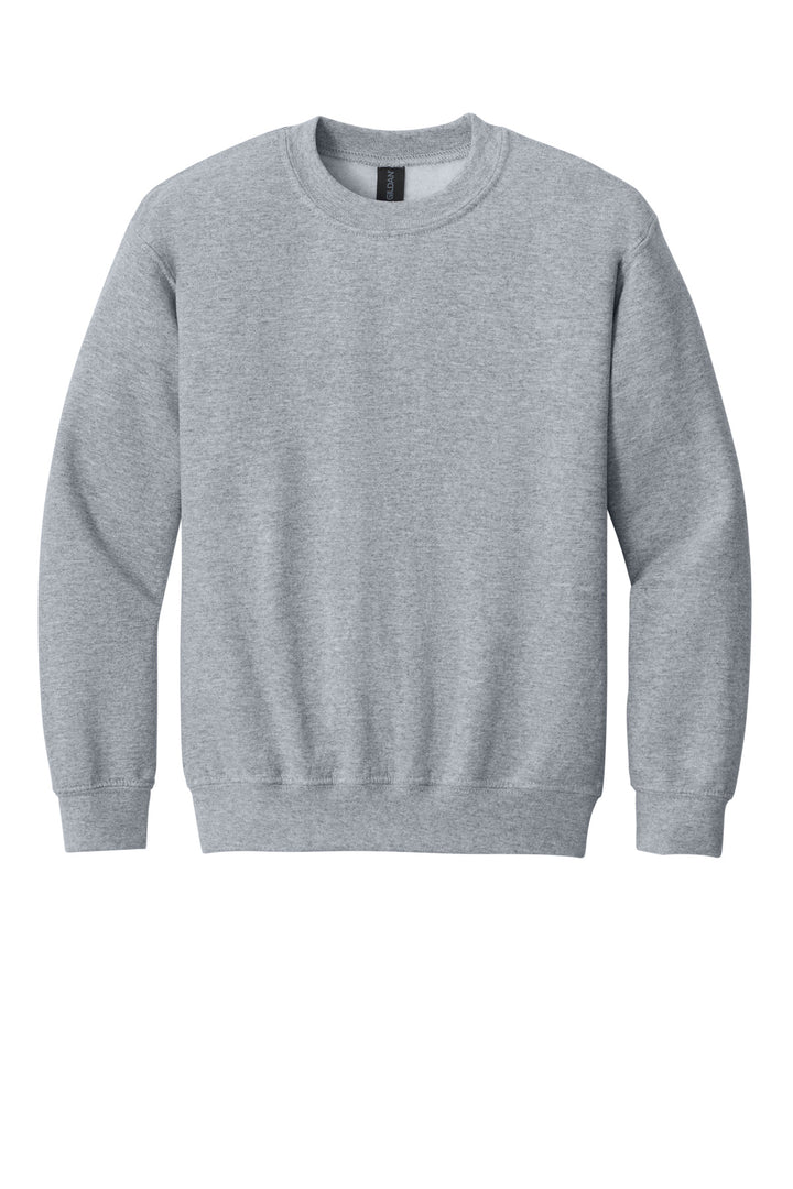 Front View of Sport Grey Gildan Youth Heavy Blend Crewneck Sweatshirt. 18000B