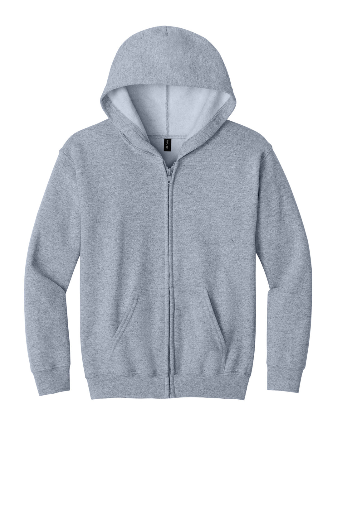 Front View of Sport Grey Gildan Youth Heavy Blend Full-Zip Hooded Sweatshirt. 18600B