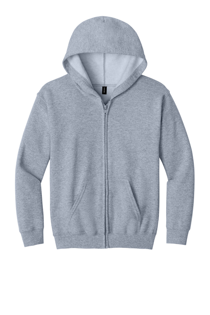 Front View of Sport Grey Gildan Youth Heavy Blend Full-Zip Hooded Sweatshirt. 18600B