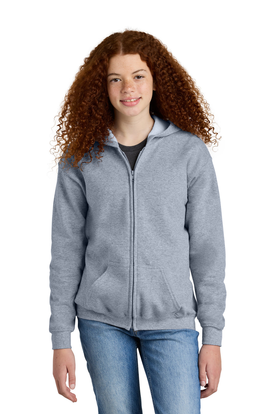 Front View of Sport Grey Gildan Youth Heavy Blend Full-Zip Hooded Sweatshirt. 18600B