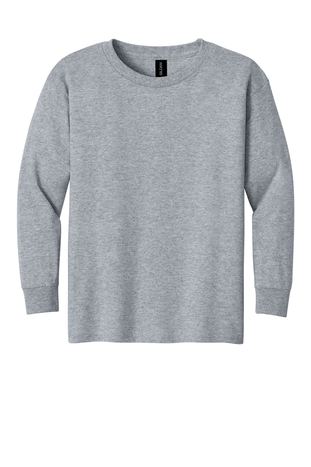 Front View of Sport Grey Gildan Youth Heavy Cotton 100% Cotton Long Sleeve T-Shirt. 5400B