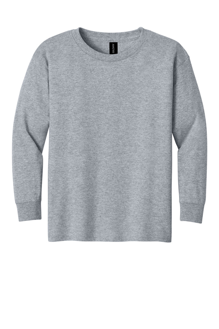 Front View of Sport Grey Gildan Youth Heavy Cotton 100% Cotton Long Sleeve T-Shirt. 5400B