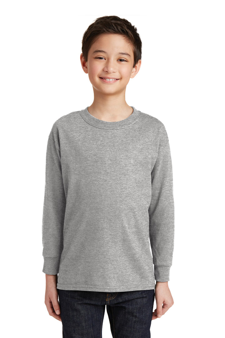 Front View of Sport Grey Gildan Youth Heavy Cotton 100% Cotton Long Sleeve T-Shirt. 5400B