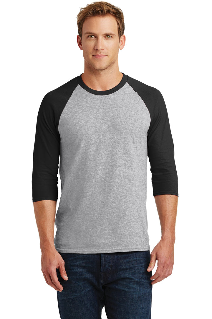 Front View of Sport Grey/Blk Gildan Heavy Cotton 3/4-Sleeve Raglan T-Shirt. 5700