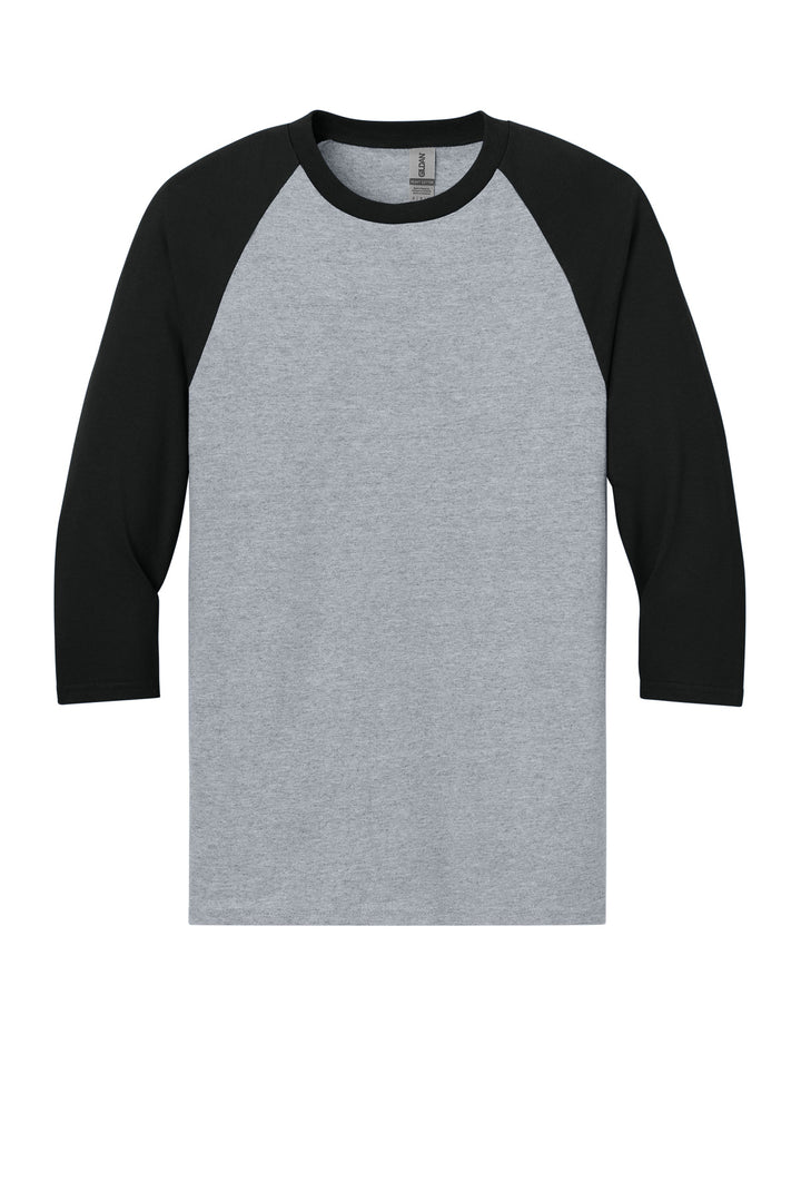 Front View of Sport Grey/Blk Gildan Heavy Cotton 3/4-Sleeve Raglan T-Shirt. 5700