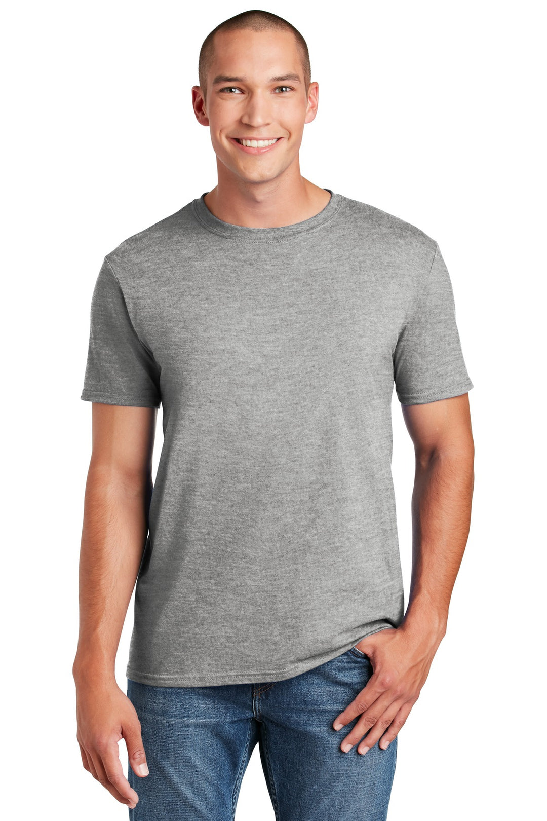 Front View of Sports Grey Gildan Softstyle T-Shirt. 64000