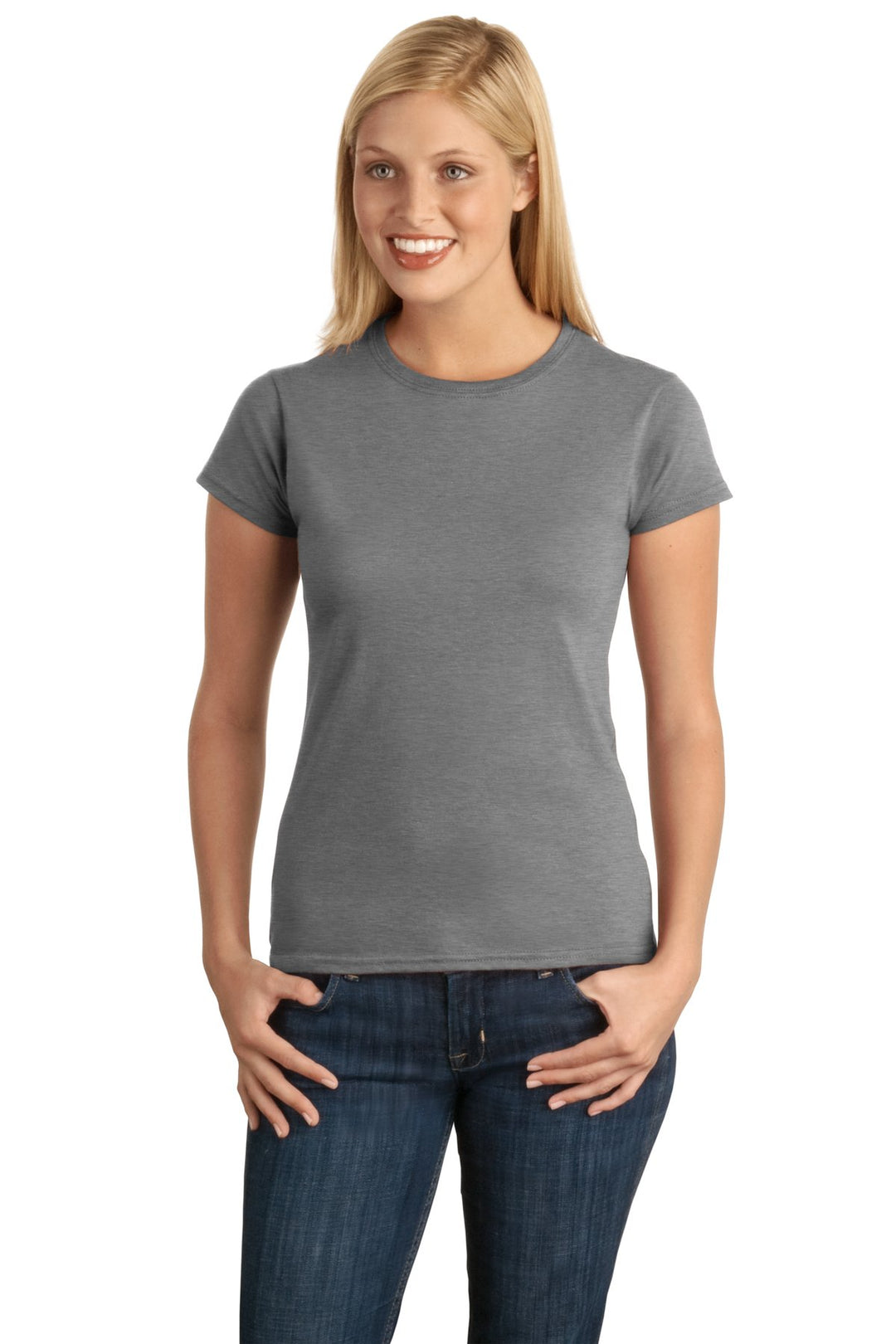 Front View of Sports Grey Gildan Softstyle Women's T-Shirt. 64000L