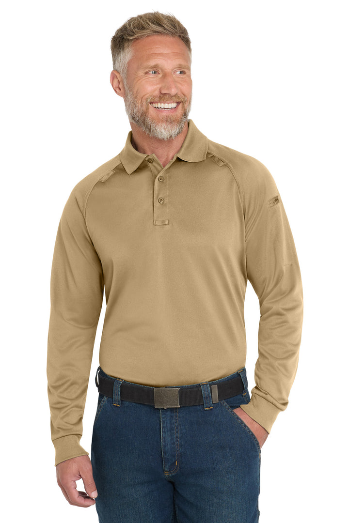Front View of Tan CornerStone - Select Long Sleeve Snag-Proof Tactical Polo. CS410LS