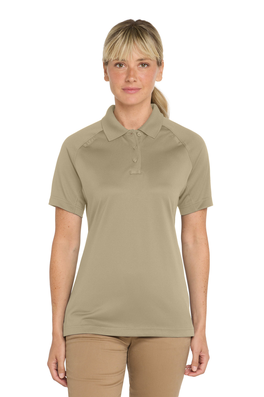 Front View of Tan CornerStone Women's Select Snag-Proof Tactical Polo. CS411