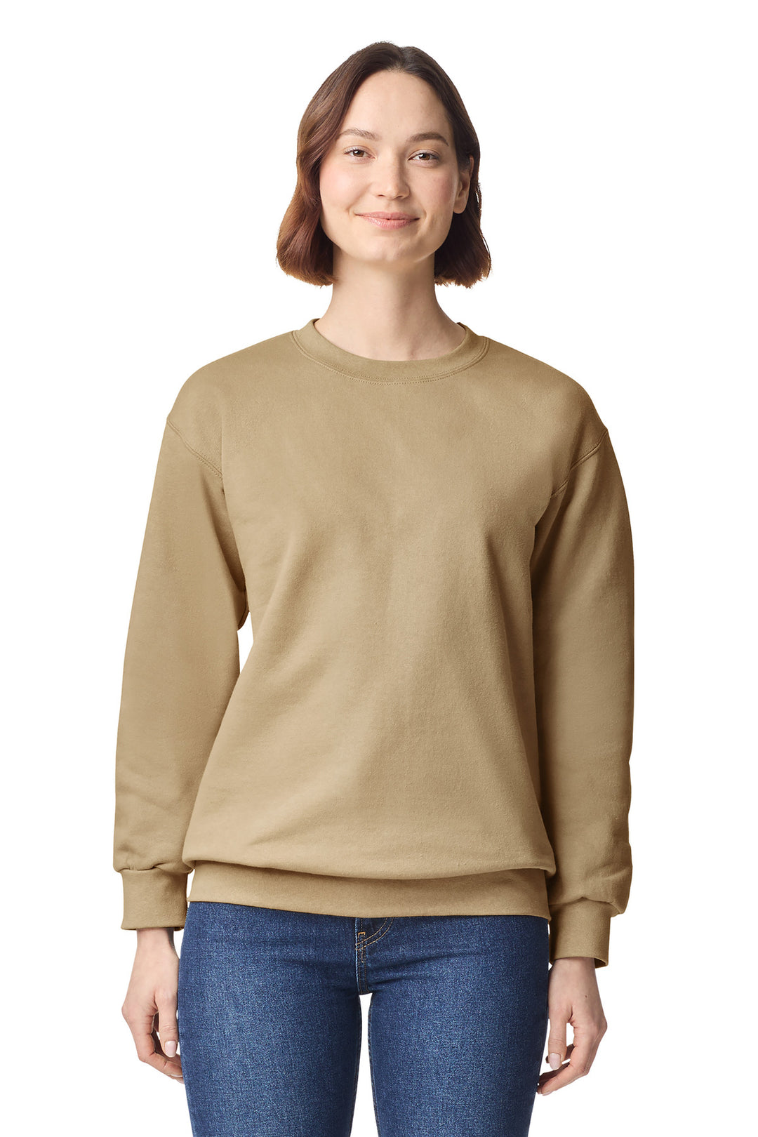 Front View of Tan Gildan Hammer Maxweight Crewneck Sweatshirt 19000