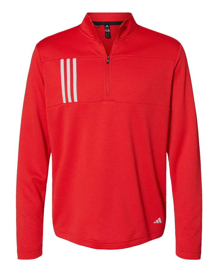 Front View of Team Collegiate Red/ Grey Two 3-Stripes Double Knit Quarter-Zip Pullover - A482