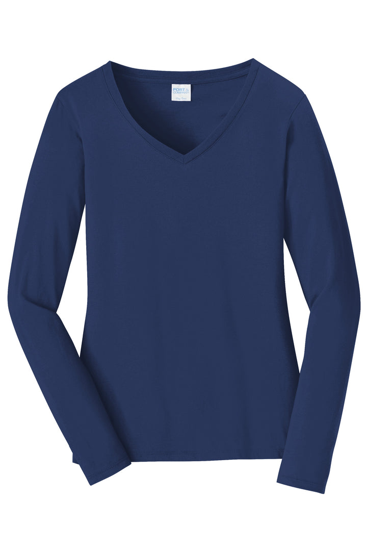 Front View of Team Navy Port & Company Women's Long Sleeve Fan Favorite V-Neck Tee. LPC450VLS