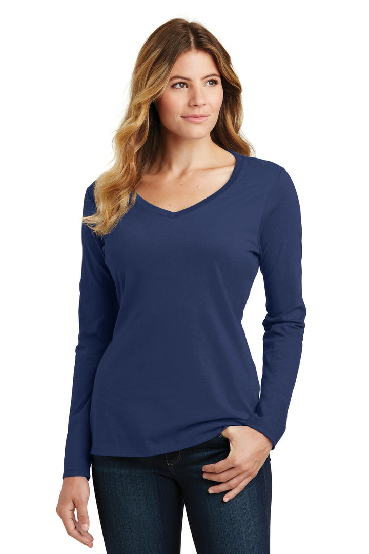 Front View of Team Navy Port & Company Women's Long Sleeve Fan Favorite V-Neck Tee. LPC450VLS