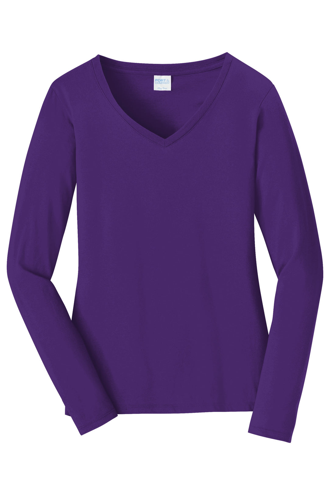 Front View of Team Purple Port & Company Women's Long Sleeve Fan Favorite V-Neck Tee. LPC450VLS