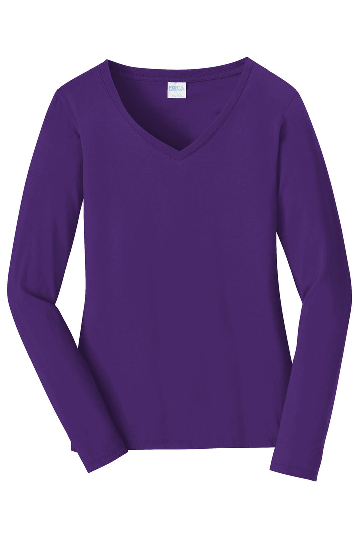 Front View of Team Purple Port & Company Women's Long Sleeve Fan Favorite V-Neck Tee. LPC450VLS