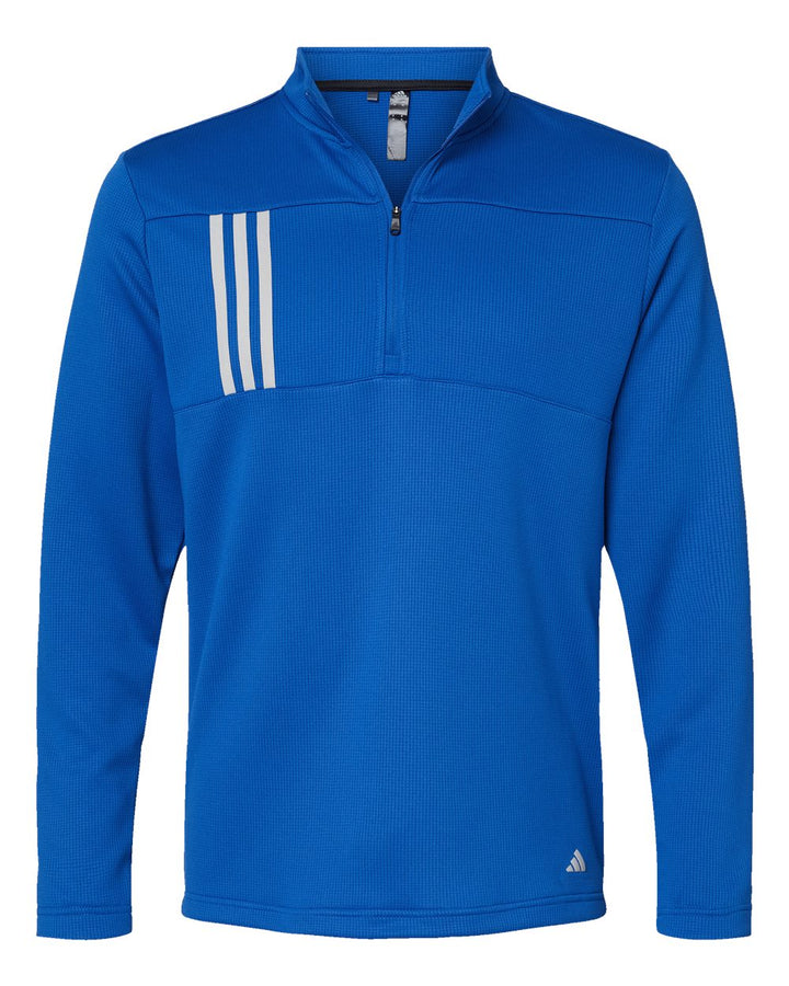 Front View of Team Royal/ Grey Two 3-Stripes Double Knit Quarter-Zip Pullover - A482