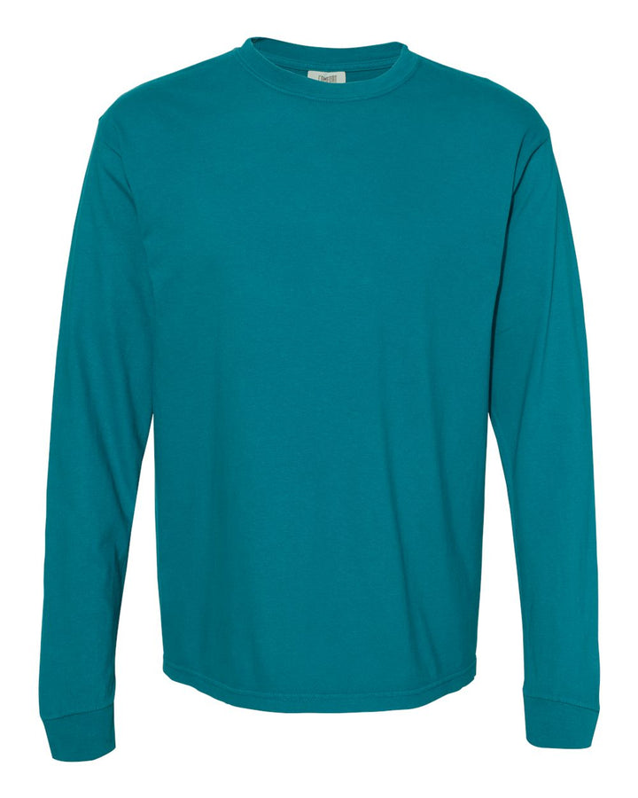 Front View of Topaz Blue Garment-Dyed Heavyweight Long Sleeve T-Shirt - 6014