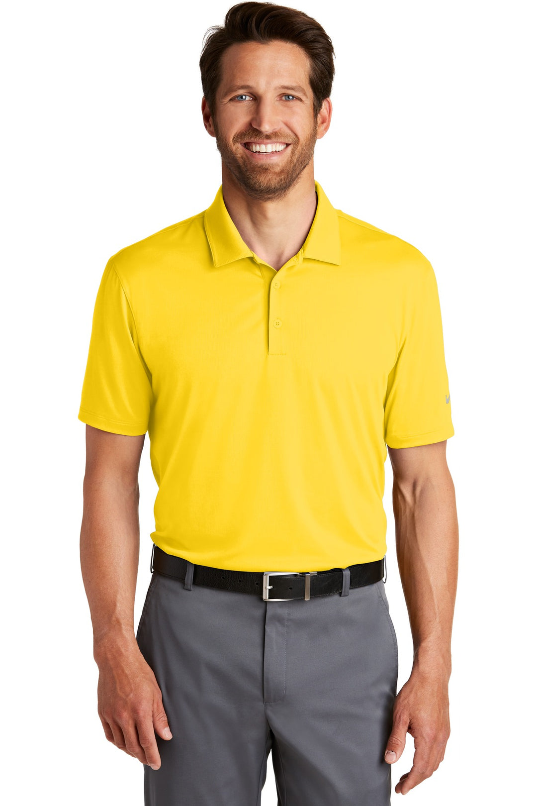 Front View of Tour Yellow Nike Dri-FIT Legacy Polo. 883681