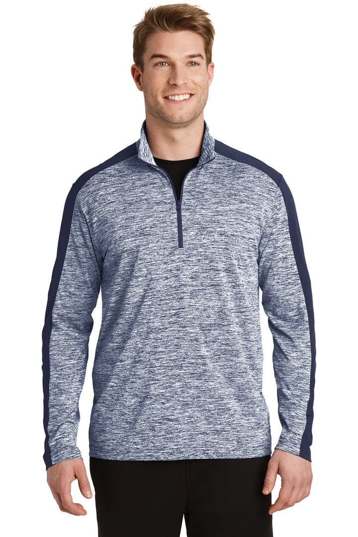 Front View of Tr Navy E/T Ny Sport-Tek PosiCharge Electric Heather Colorblock 1/4-Zip Pullover. ST397