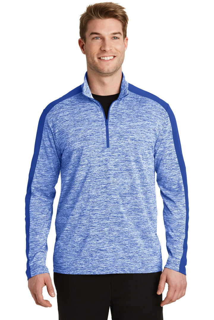 Front View of Tr Roy E/Tr Ry Sport-Tek PosiCharge Electric Heather Colorblock 1/4-Zip Pullover. ST397
