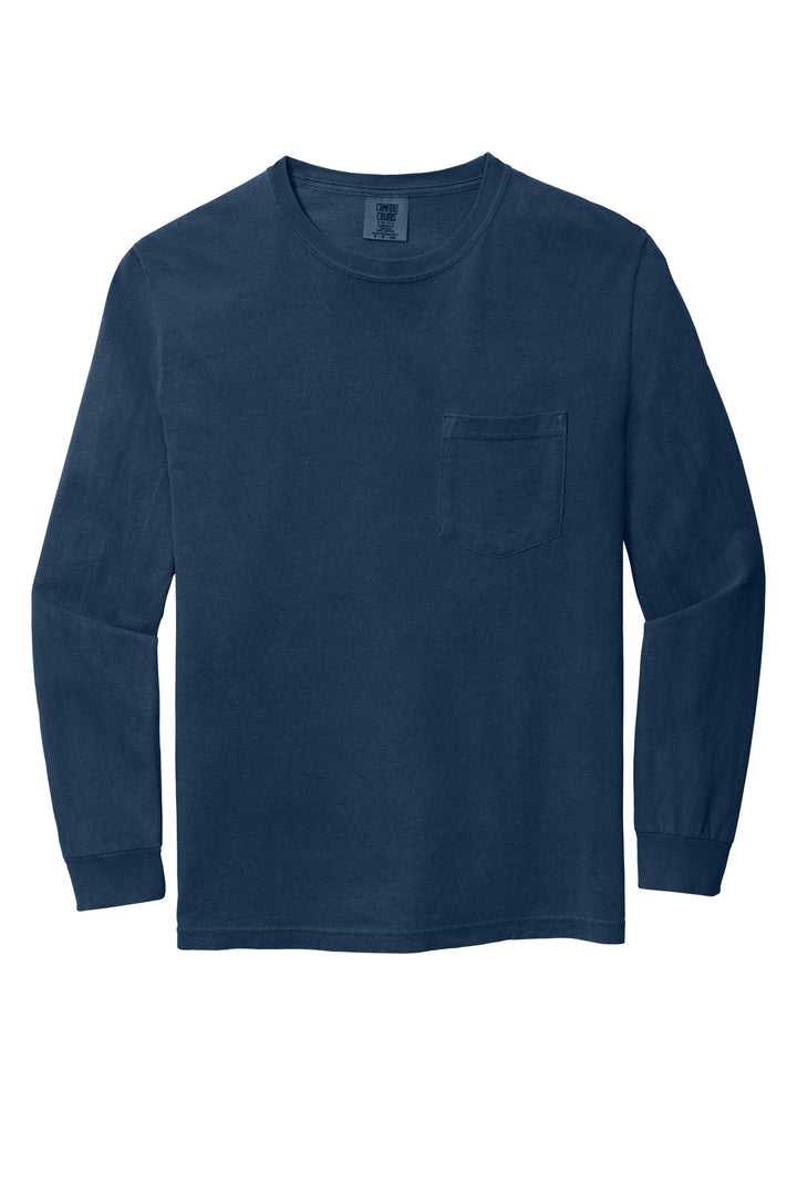 Front View of True Navy COMFORT COLORS Heavyweight Ring Spun Long Sleeve Pocket Tee. 4410