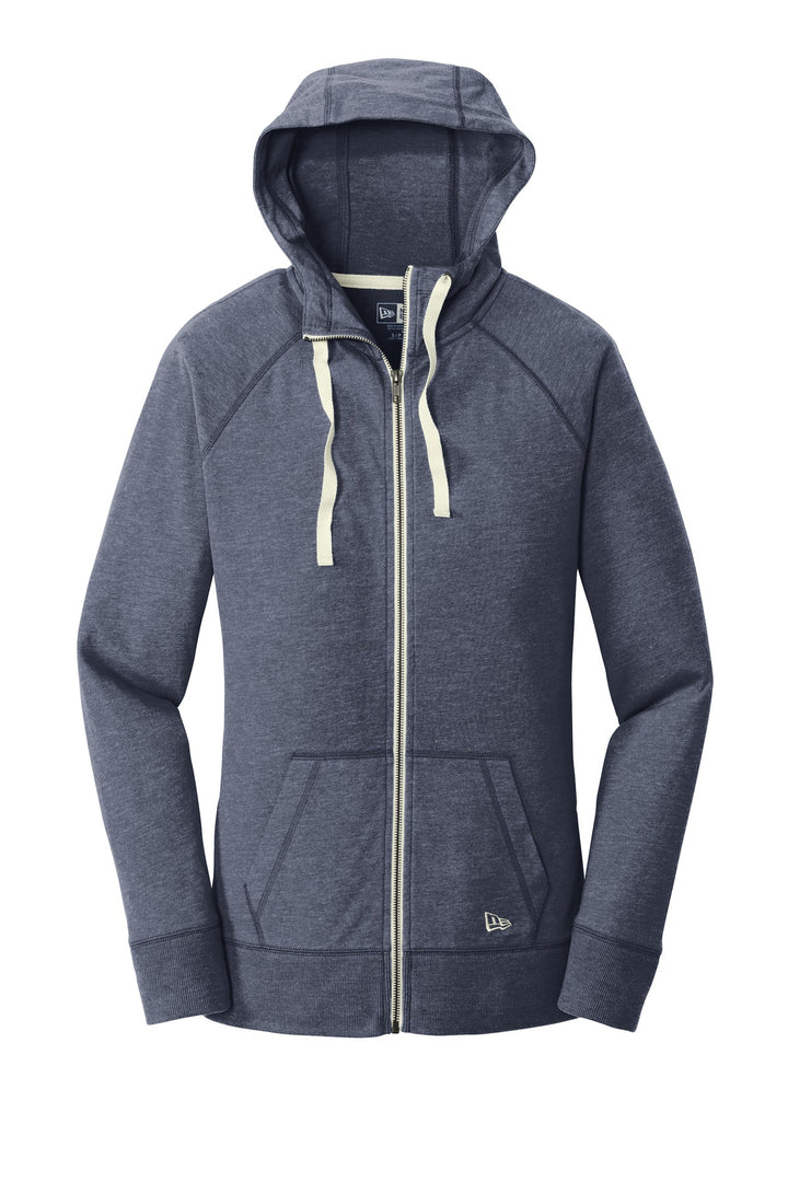 Front View of True Navy Hthr New Era Women's Sueded Cotton Blend Full-Zip Hoodie. LNEA122