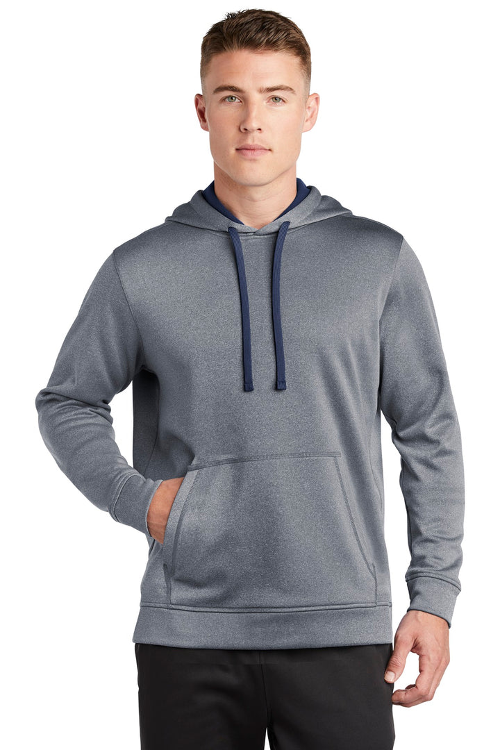 Front View of True Navy Hthr Sport-Tek PosiCharge Sport-Wick Heather Fleece Hooded Pullover. ST264