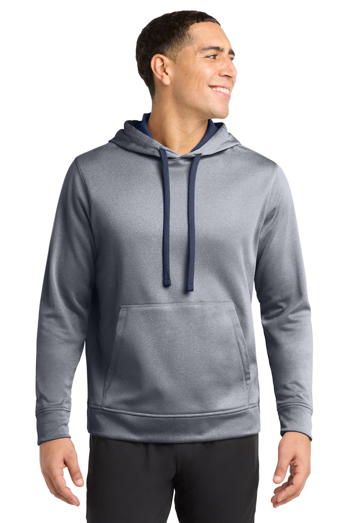 Front View of True Navy Hthr Sport-Tek PosiCharge Sport-Wick Heather Fleece Hooded Pullover. ST264