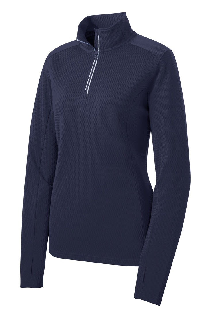 Front View of True Navy Sport-Tek Women's Sport-Wick Textured 1/4-Zip Pullover. LST860