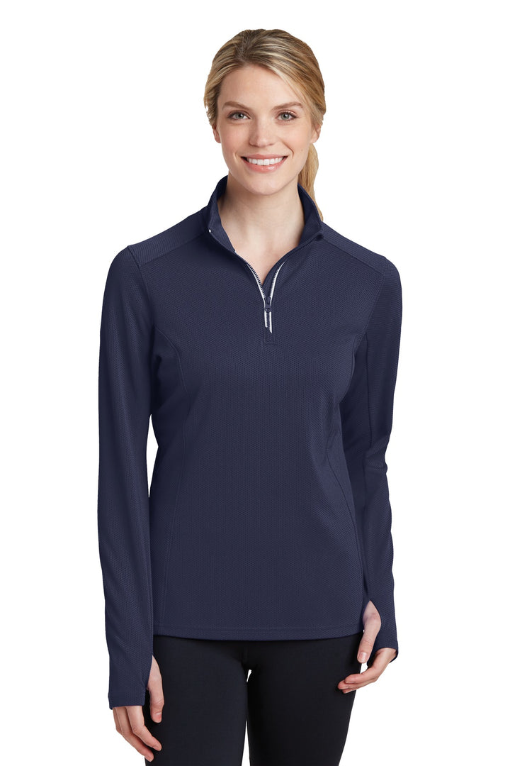 Front View of True Navy Sport-Tek Women's Sport-Wick Textured 1/4-Zip Pullover. LST860