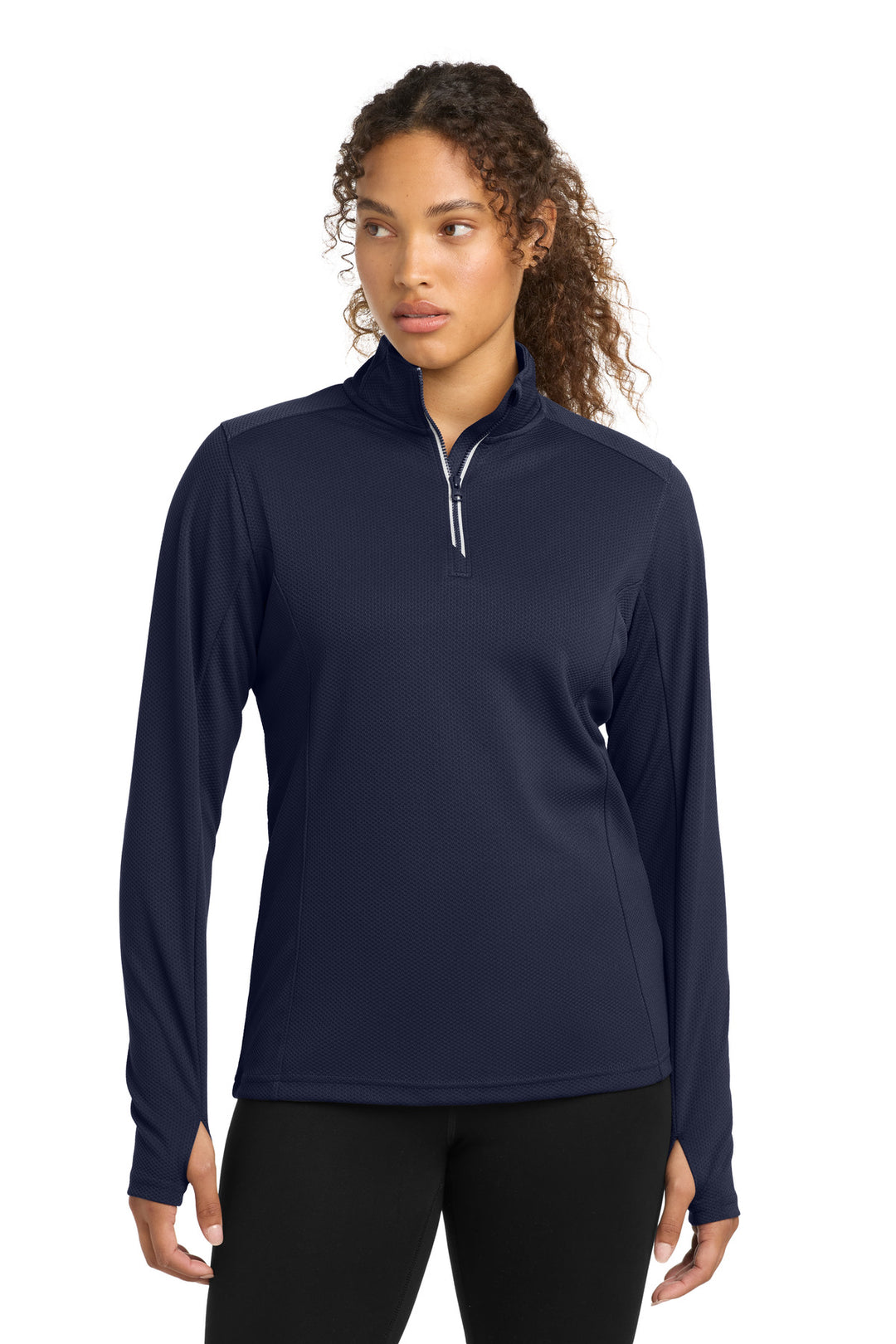 Front View of True Navy Sport-Tek Women's Sport-Wick Textured 1/4-Zip Pullover. LST860