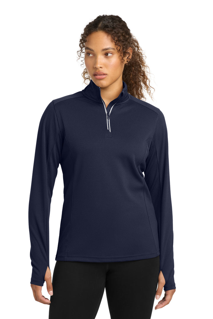 Front View of True Navy Sport-Tek Women's Sport-Wick Textured 1/4-Zip Pullover. LST860