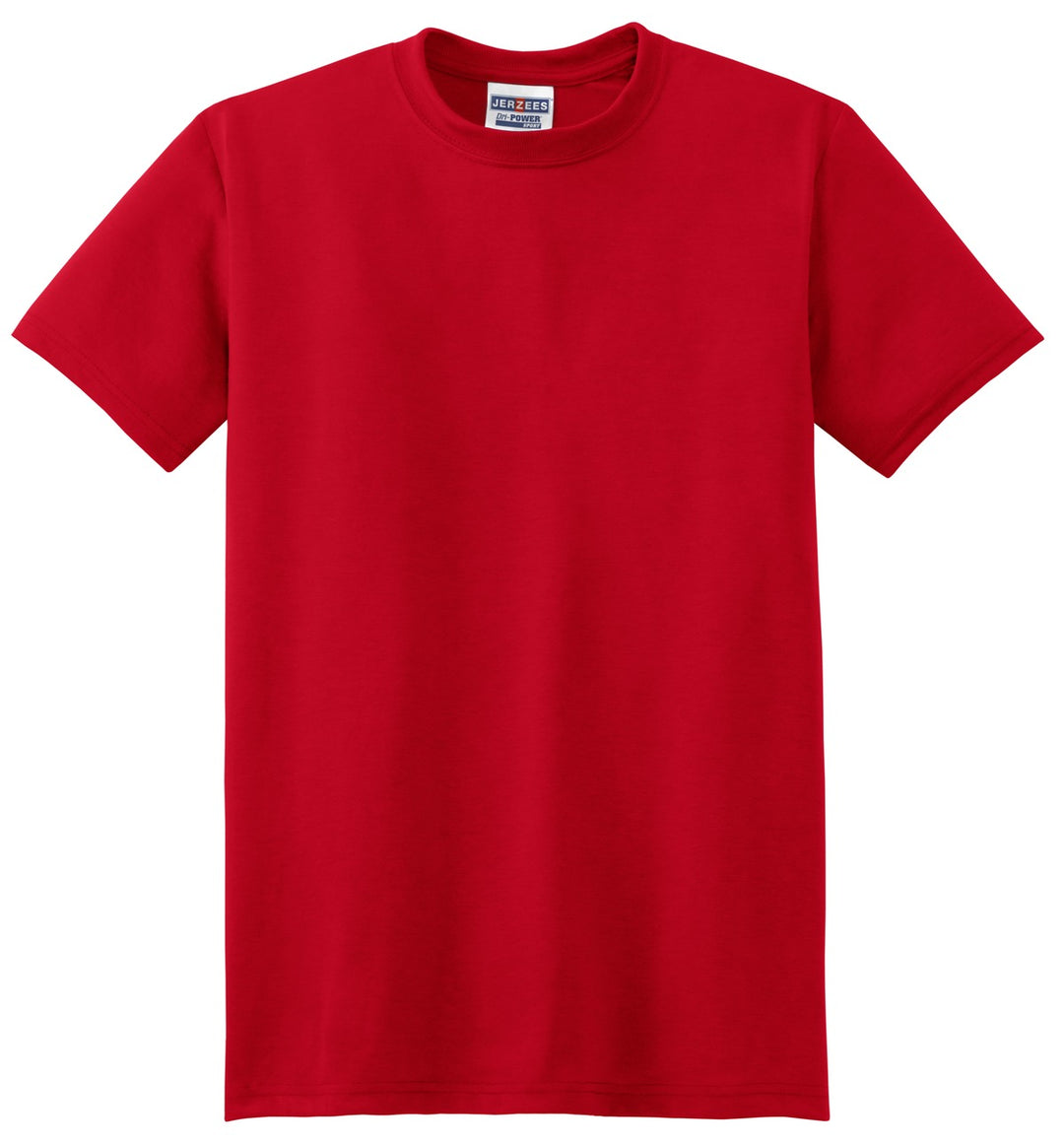 Front View of True Red Jerzees Dri-Power 100% Polyester T-Shirt. 21M