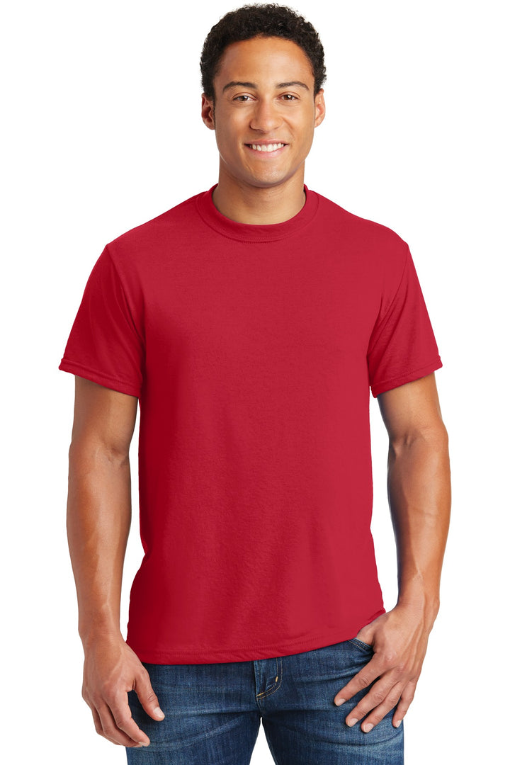 Front View of True Red Jerzees Dri-Power 100% Polyester T-Shirt. 21M