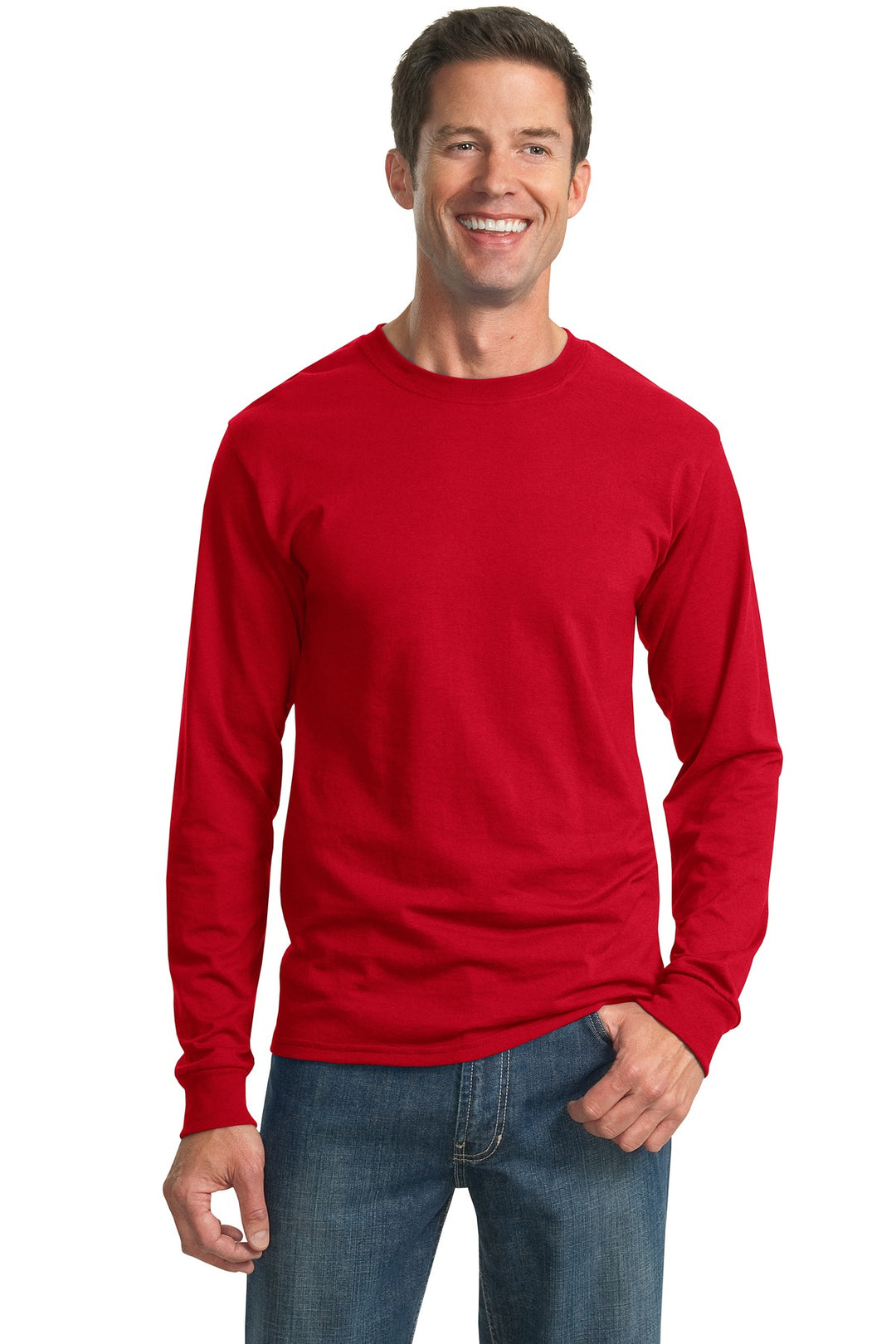 Front View of True Red Jerzees - Dri-Power 50/50 Cotton/Poly Long Sleeve T-Shirt. 29LS